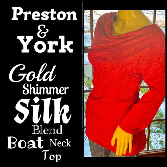 Preston & York Tops - ▪️PRESTON & YORK▪️Gold Shimmer Red Silk Blend Boat Neck Top
